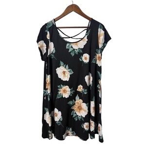 Hearts and Hips Women Size 2X Floral Criss Cross Back‎  A-Line Black Dress